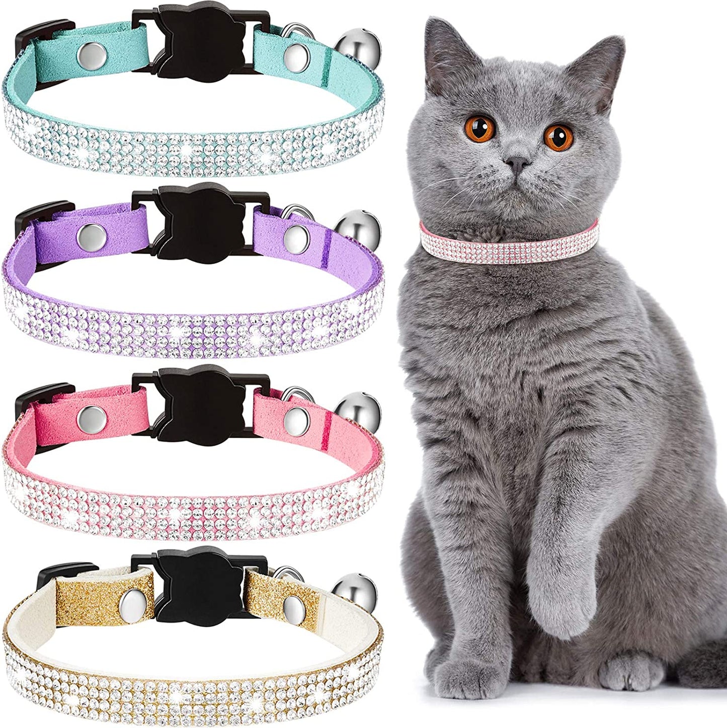 4 Pieces Rhinestones Cat Collars Breakaway Cat Collar with Bell Bling Pet Accessories with Soft Velvet, 4 Colors(Xs,Purple, Blue, Gold, Pink)